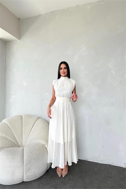 Dipmoda kadın kuşağı taş detaylı midi şifon elbise DPMY3509