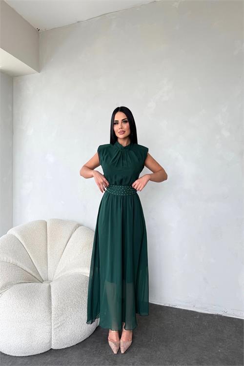 Dipmoda kadın kuşağı taş detaylı midi şifon elbise DPMY3509