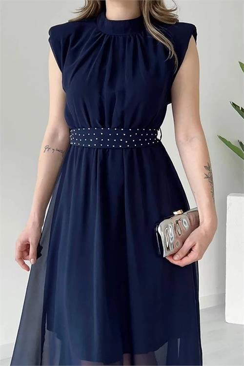 Dipmoda kadın kuşağı taş detaylı midi şifon elbise DPMY3509