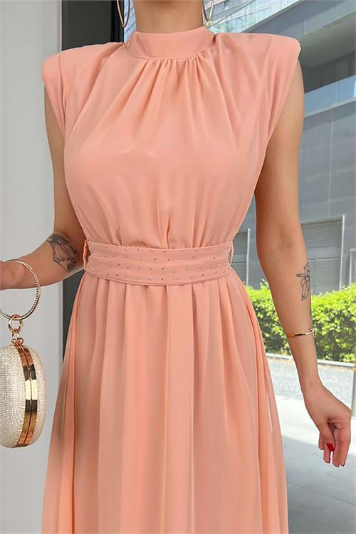 Dipmoda kadın kuşağı taş detaylı midi şifon elbise DPMY3509