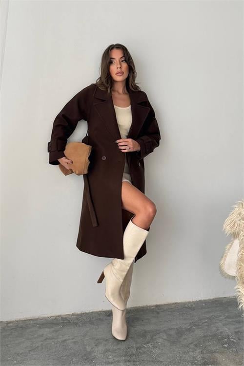 Dipmoda kadın kuşak detaylı astarlı kaşe kaban DPG120