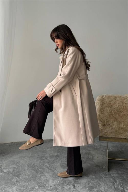 Dipmoda kadın kuşak detaylı astarlı kaşe kaban DPG120