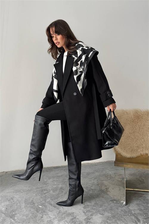 Dipmoda kadın kuşak detaylı astarlı kaşe kaban DPG120