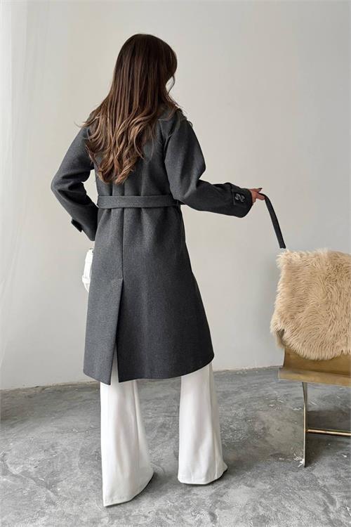 Dipmoda kadın kuşak detaylı astarlı kaşe kaban DPG120