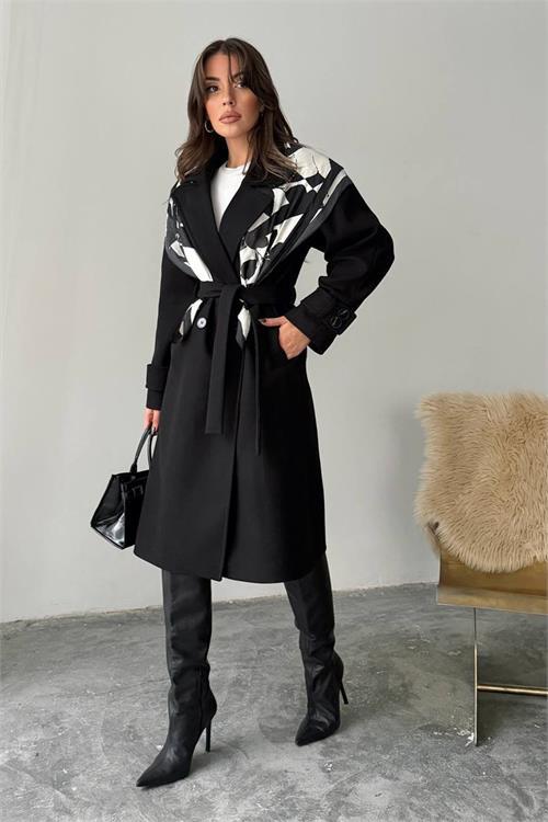 Dipmoda kadın kuşak detaylı astarlı kaşe kaban DPG120