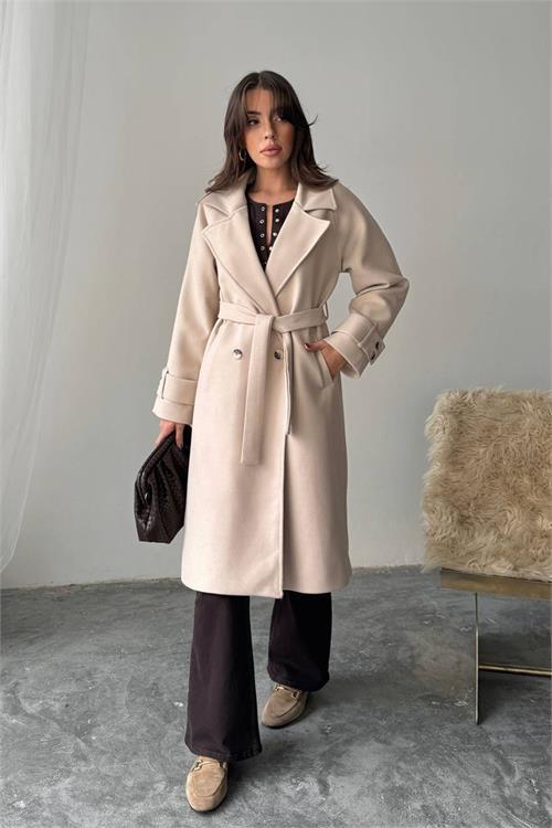 Dipmoda kadın kuşak detaylı astarlı kaşe kaban DPG120