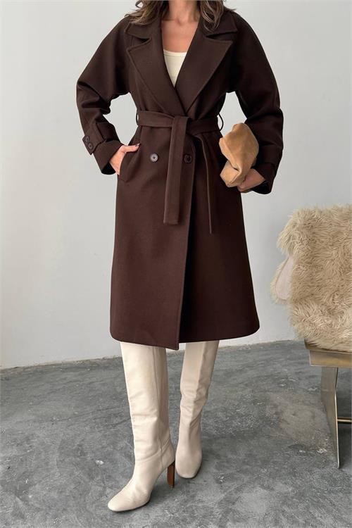 Dipmoda kadın kuşak detaylı astarlı kaşe kaban DPG120