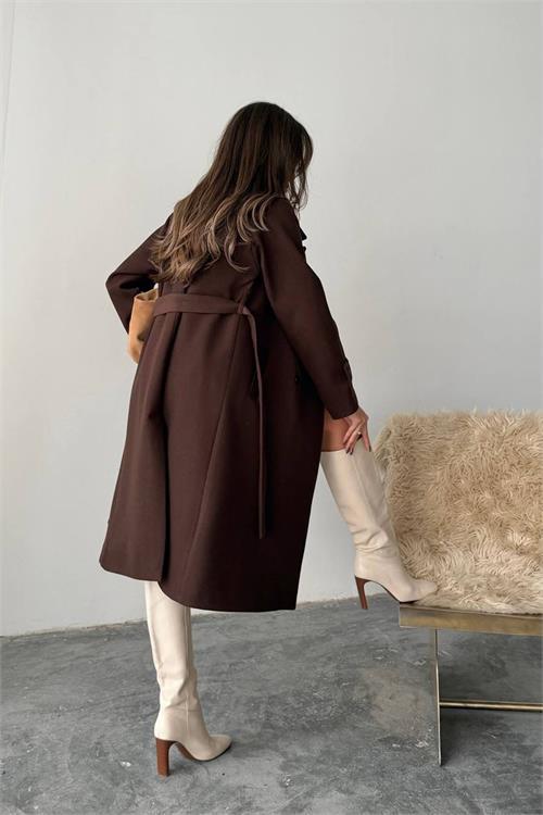 Dipmoda kadın kuşak detaylı astarlı kaşe kaban DPG120