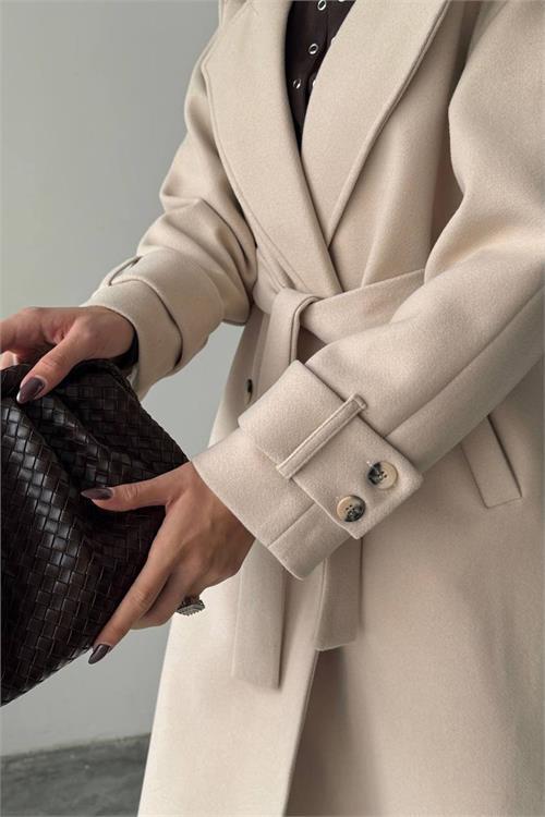 Dipmoda kadın kuşak detaylı astarlı kaşe kaban DPG120