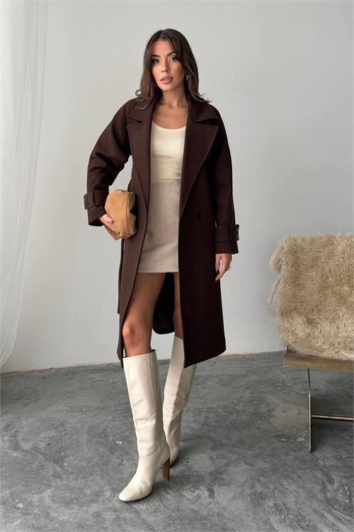 Dipmoda kadın kuşak detaylı astarlı kaşe kaban DPG120