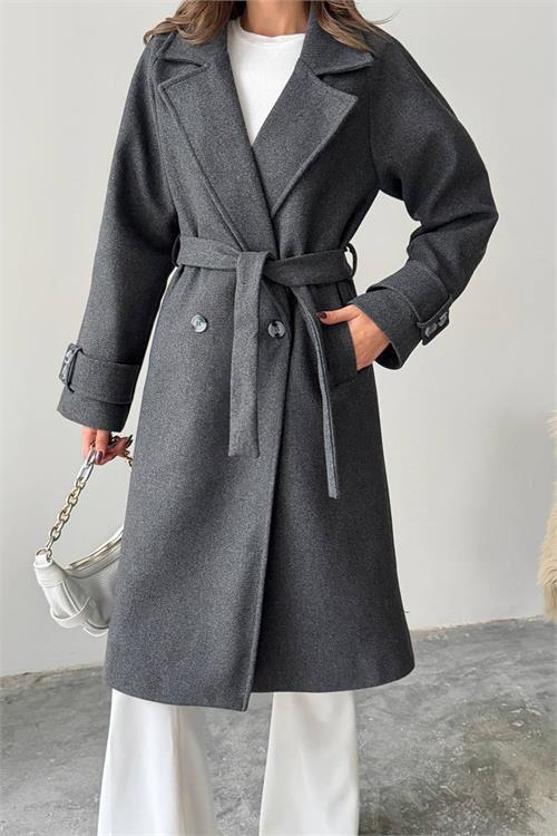 Dipmoda kadın kuşak detaylı astarlı kaşe kaban DPG120