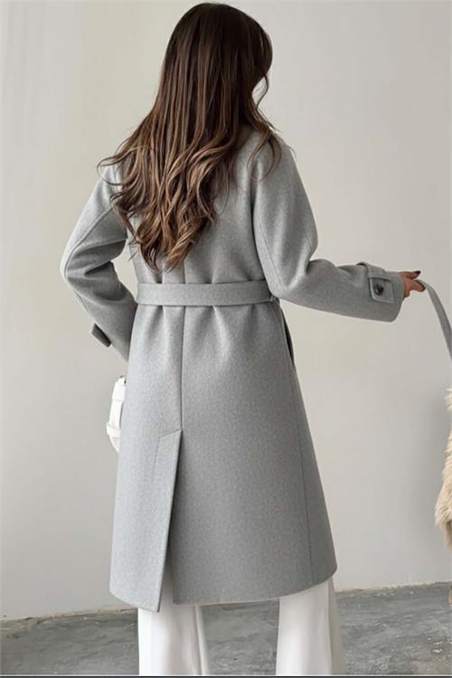 Dipmoda kadın kuşak detaylı astarlı kaşe kaban DPG120