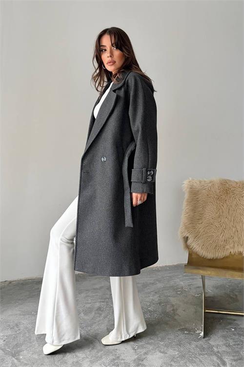 Dipmoda kadın kuşak detaylı astarlı kaşe kaban DPG120