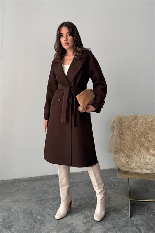 Dipmoda kadın kuşak detaylı astarlı kaşe kaban DPG120