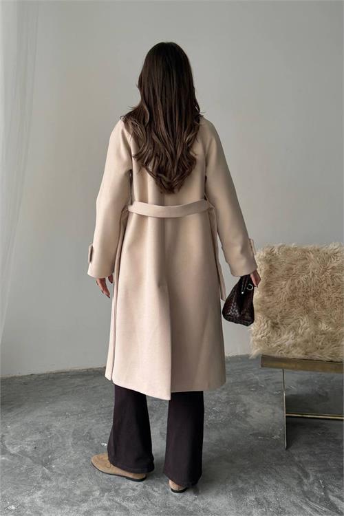 Dipmoda kadın kuşak detaylı astarlı kaşe kaban DPG120