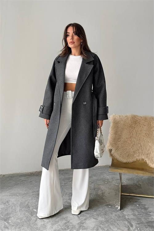 Dipmoda kadın kuşak detaylı astarlı kaşe kaban DPG120