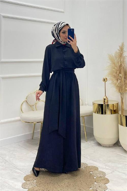 Dipmoda kadın kuşaklı gömlek yaka salaş tesettür tulum NMS010 