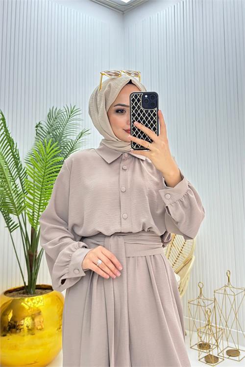 Dipmoda kadın kuşaklı gömlek yaka salaş tesettür tulum NMS010