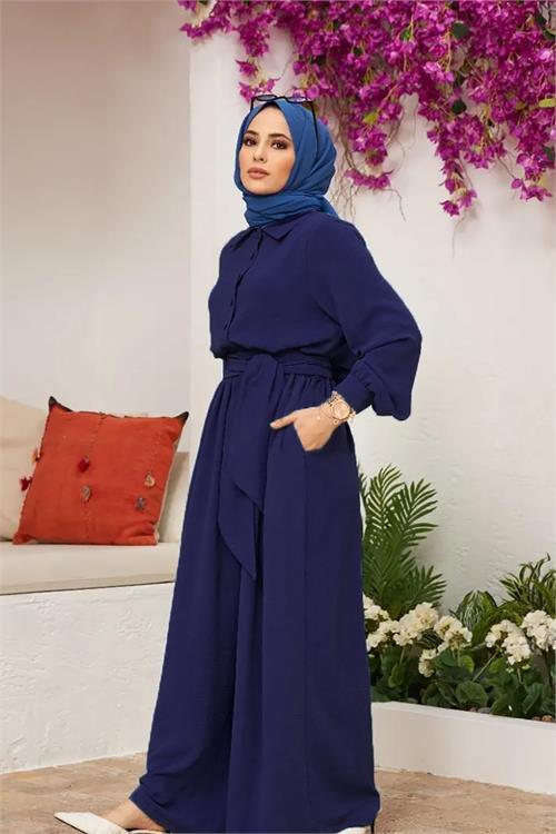 Dipmoda kadın kuşaklı gömlek yaka salaş tesettür tulum NMS010