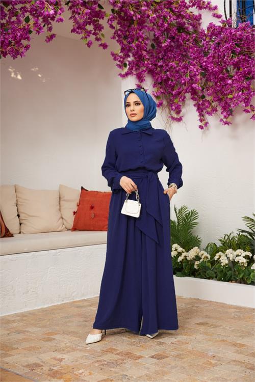 Dipmoda kadın kuşaklı gömlek yaka salaş tesettür tulum NMS010