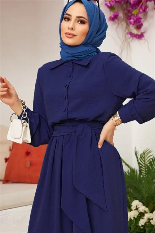 Dipmoda kadın kuşaklı gömlek yaka salaş tesettür tulum NMS010