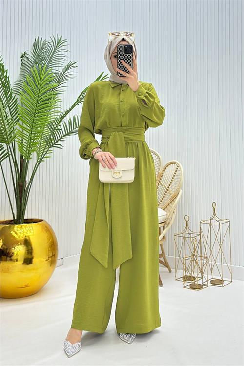 Dipmoda kadın kuşaklı gömlek yaka salaş tesettür tulum NMS010