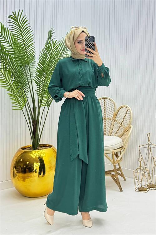 Dipmoda kadın kuşaklı gömlek yaka salaş tesettür tulum NMS010