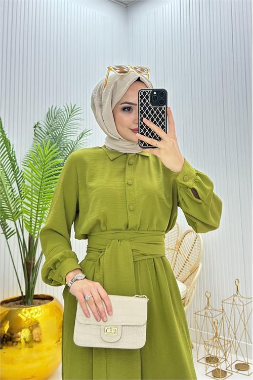 Dipmoda kadın kuşaklı gömlek yaka salaş tesettür tulum NMS010