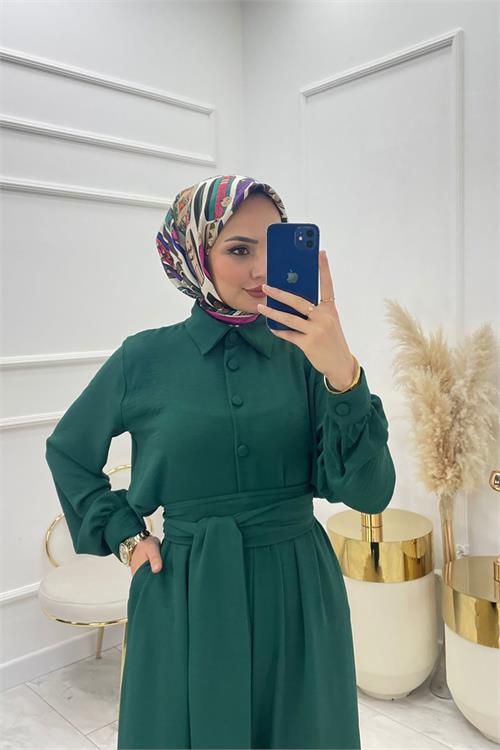 Dipmoda kadın kuşaklı gömlek yaka salaş tesettür tulum NMS010