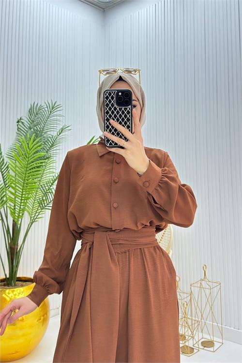 Dipmoda kadın kuşaklı gömlek yaka salaş tesettür tulum NMS010