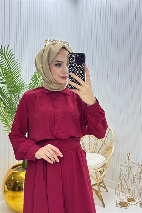 Dipmoda kadın kuşaklı gömlek yaka salaş tesettür tulum NMS010