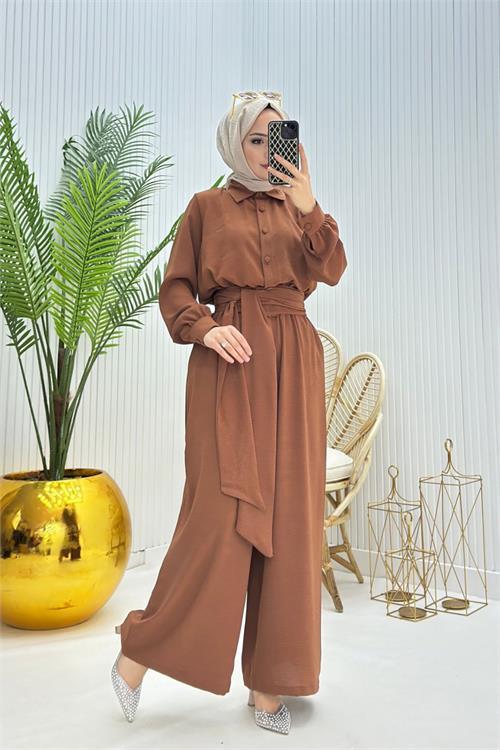 Dipmoda kadın kuşaklı gömlek yaka salaş tesettür tulum NMS010