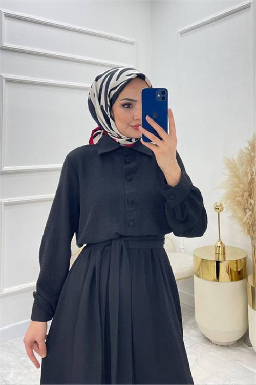 Dipmoda kadın kuşaklı gömlek yaka salaş tesettür tulum NMS010 