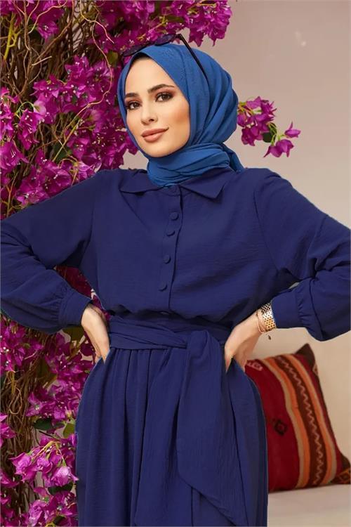 Dipmoda kadın kuşaklı gömlek yaka salaş tesettür tulum NMS010