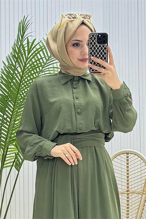 Dipmoda kadın kuşaklı gömlek yaka salaş tesettür tulum NMS010