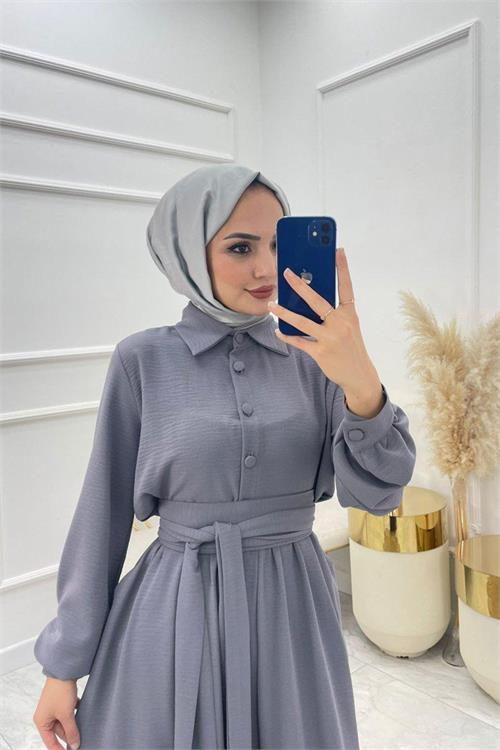 Dipmoda kadın kuşaklı gömlek yaka salaş tesettür tulum NMS010 