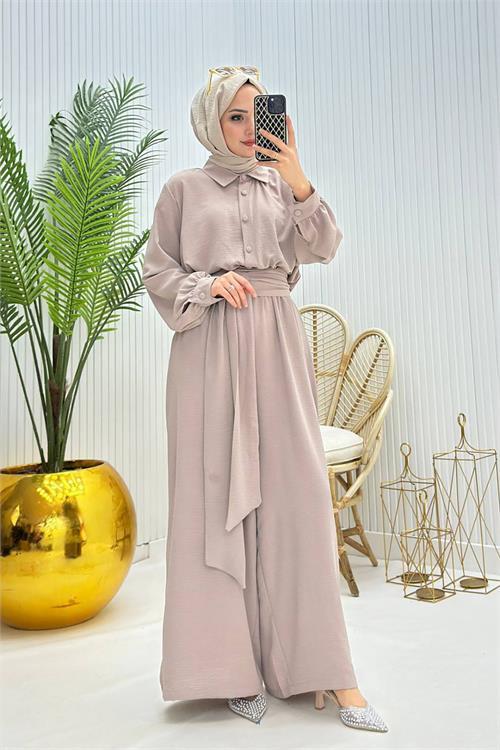 Dipmoda kadın kuşaklı gömlek yaka salaş tesettür tulum NMS010