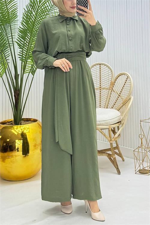 Dipmoda kadın kuşaklı gömlek yaka salaş tesettür tulum NMS010