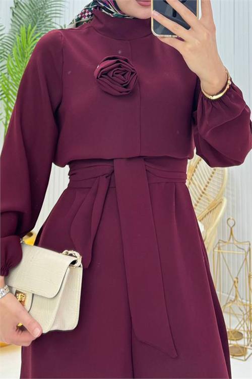 Dipmoda kadın kuşaklı gül detaylı salaş tesettür tulum NMS003