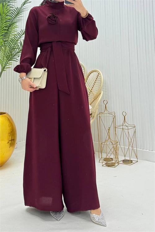 Dipmoda kadın kuşaklı gül detaylı salaş tesettür tulum NMS003