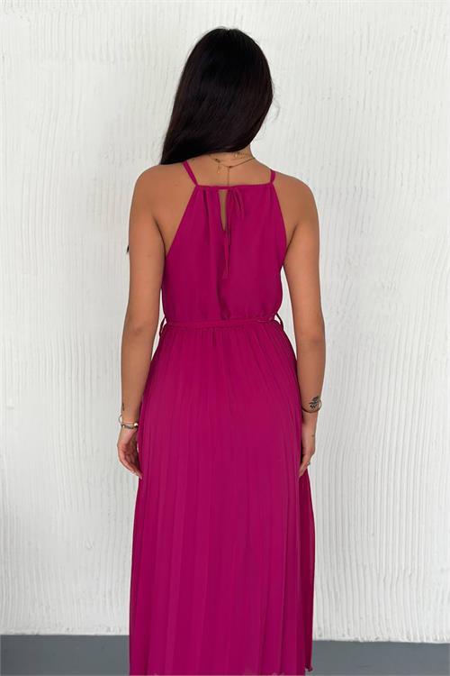 Dipmoda kadın kuşaklı midi boy askılı şifon elbise DPK4207