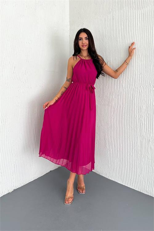 Dipmoda kadın kuşaklı midi boy askılı şifon elbise DPK4207