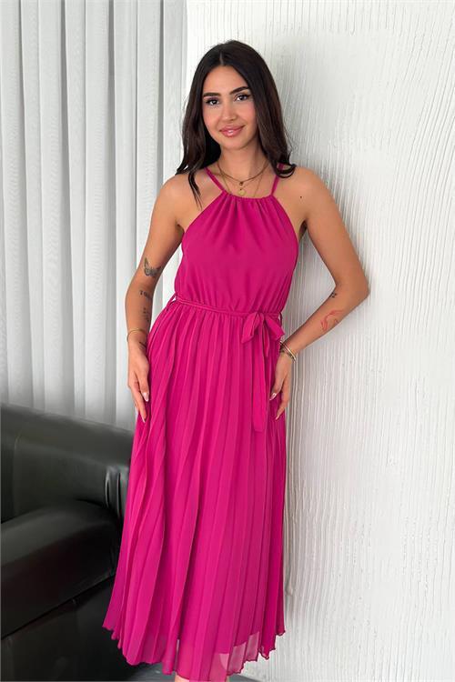 Dipmoda kadın kuşaklı midi boy askılı şifon elbise DPK4207