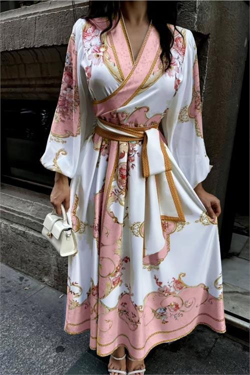 Dipmoda kadın kuşaklı midi boy desenli elbise DPMS42149