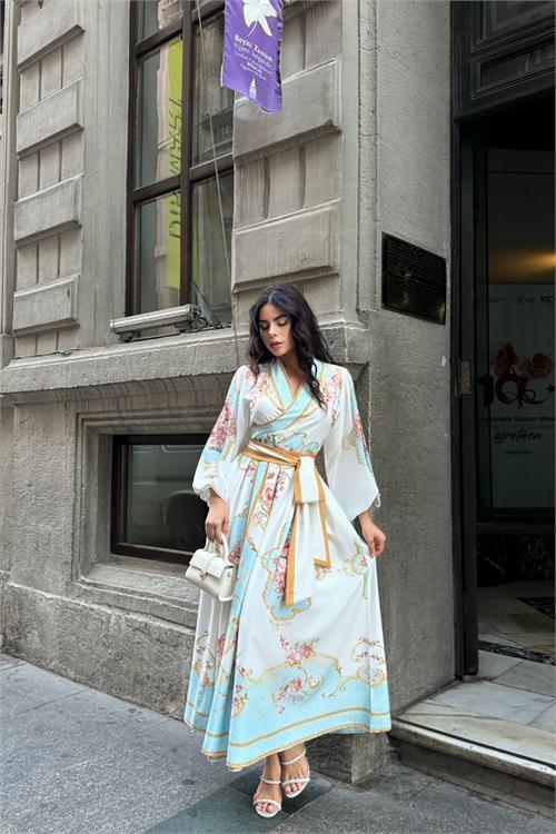 Dipmoda kadın kuşaklı midi boy desenli elbise DPMS42149