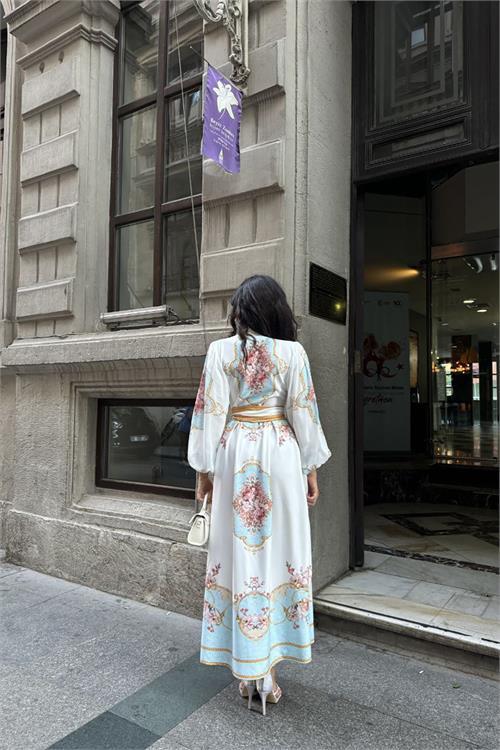 Dipmoda kadın kuşaklı midi boy desenli elbise DPMS42149