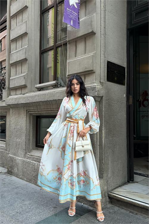 Dipmoda kadın kuşaklı midi boy desenli elbise DPMS42149