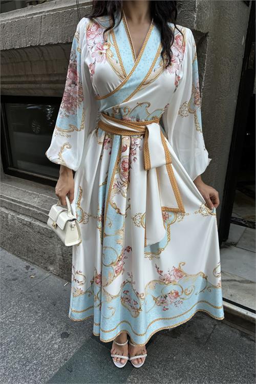 Dipmoda kadın kuşaklı midi boy desenli elbise DPMS42149