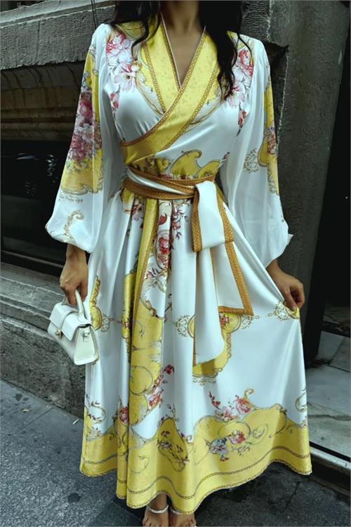 Dipmoda kadın kuşaklı midi boy desenli elbise DPMS42149