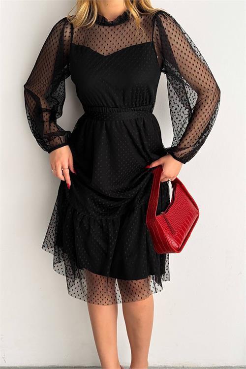 Dipmoda kadın kuşaklı midi boy siyah tül elbise NBKKLF2011 